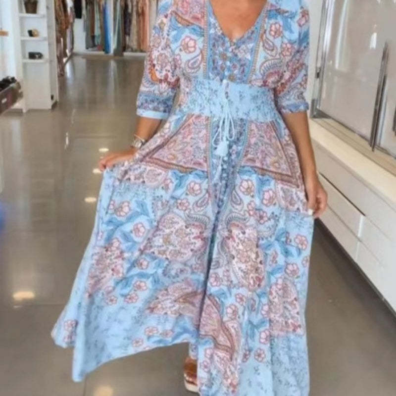 Women's Elegant Floral Drawstring Long Dress