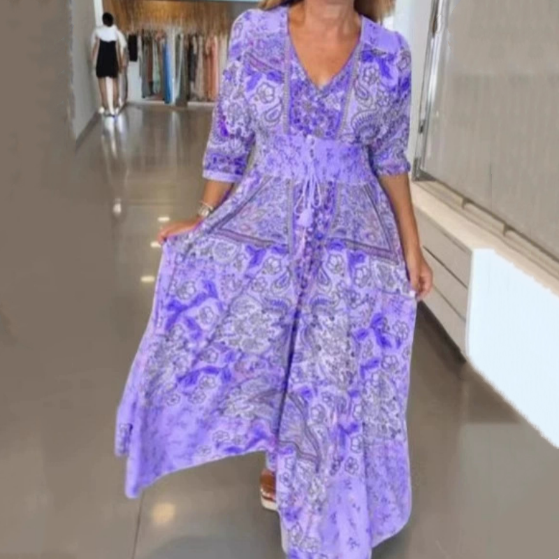 Women's Elegant Floral Drawstring Long Dress