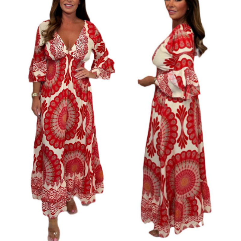 Women's Retro Boho Maxi Dress with Deep V-Neck