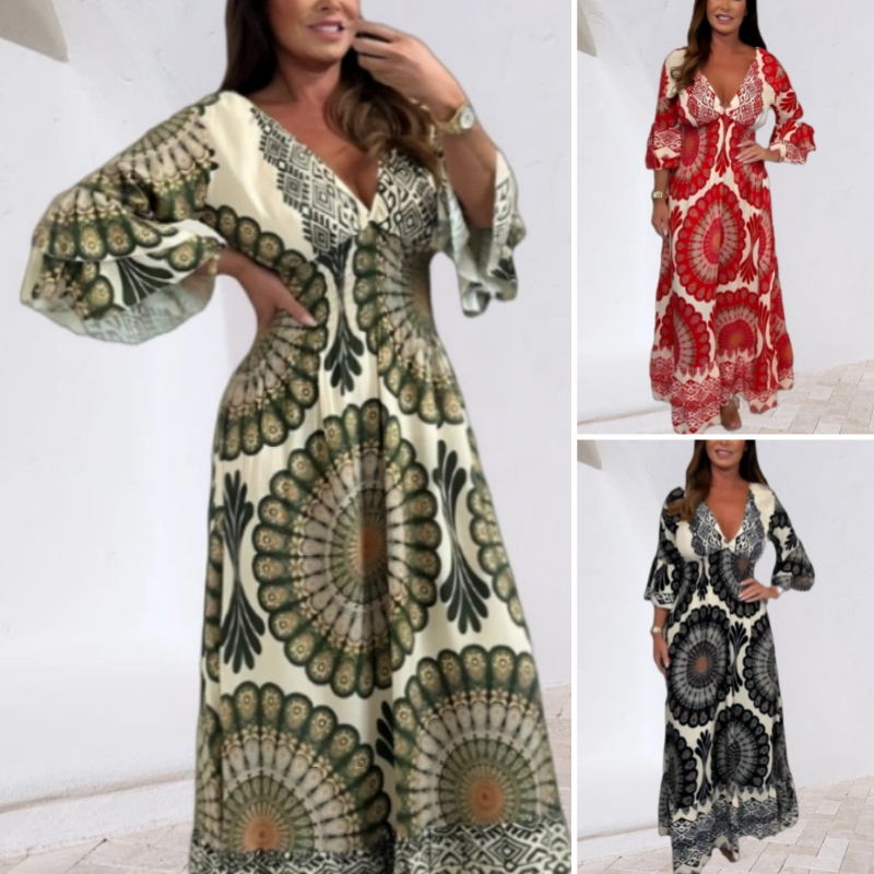 Women's Retro Boho Maxi Dress with Deep V-Neck