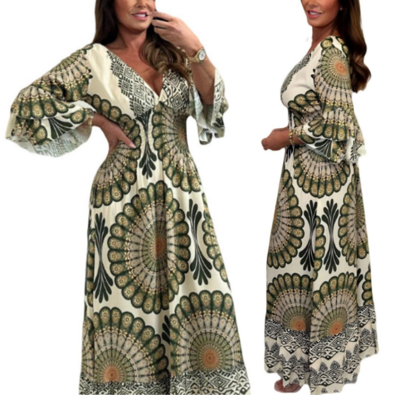 Women's Retro Boho Maxi Dress with Deep V-Neck