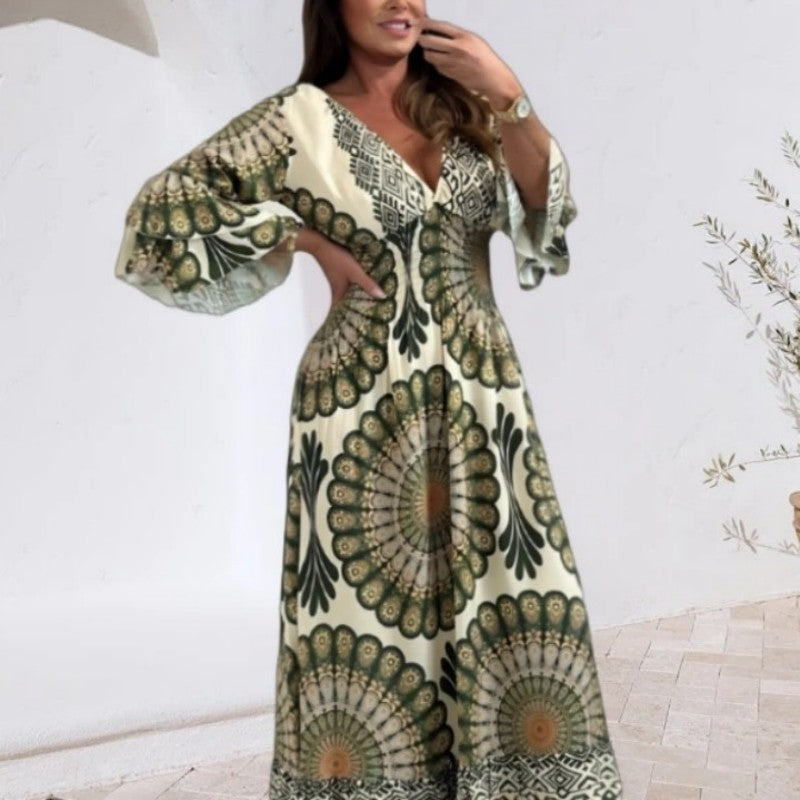 Women's Retro Boho Maxi Dress with Deep V-Neck