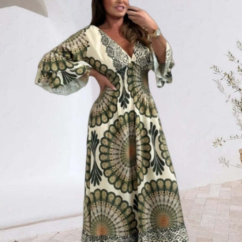 Women's Retro Boho Maxi Dress with Deep V-Neck