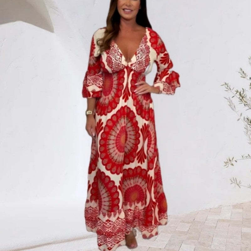 Women's Retro Boho Maxi Dress with Deep V-Neck