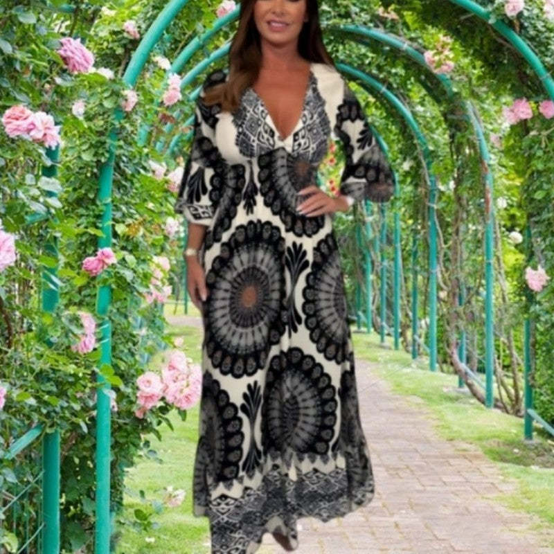 Women's Retro Boho Maxi Dress with Deep V-Neck