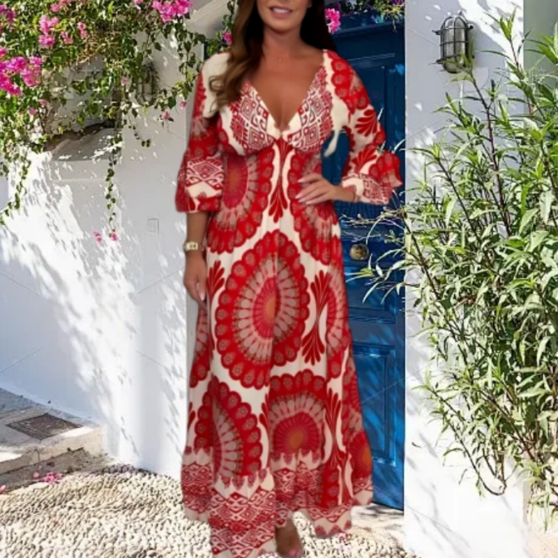 Women's Retro Boho Maxi Dress with Deep V-Neck