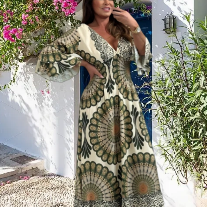 Women's Retro Boho Maxi Dress with Deep V-Neck