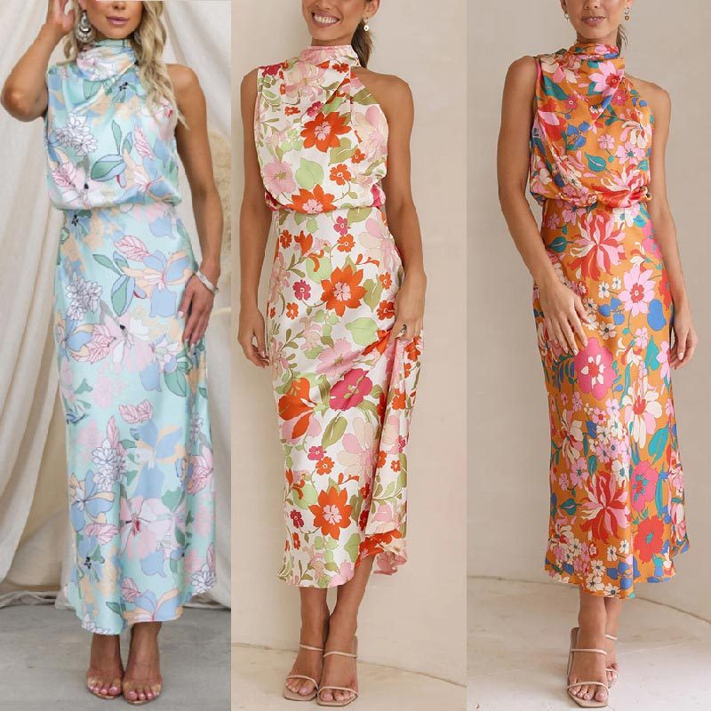 floral print, tie-neck, elastic waist, satin shine maxi dress
