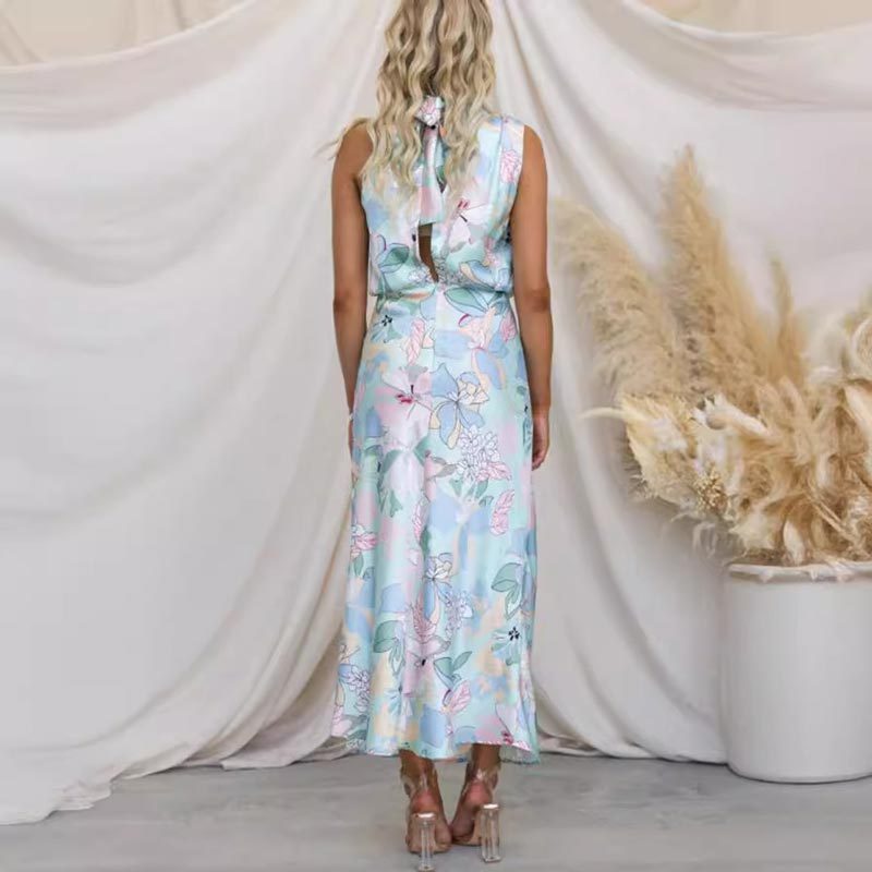 floral print, tie-neck, elastic waist, satin shine maxi dress