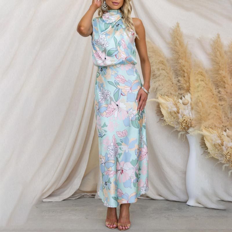 floral print, tie-neck, elastic waist, satin shine maxi dress