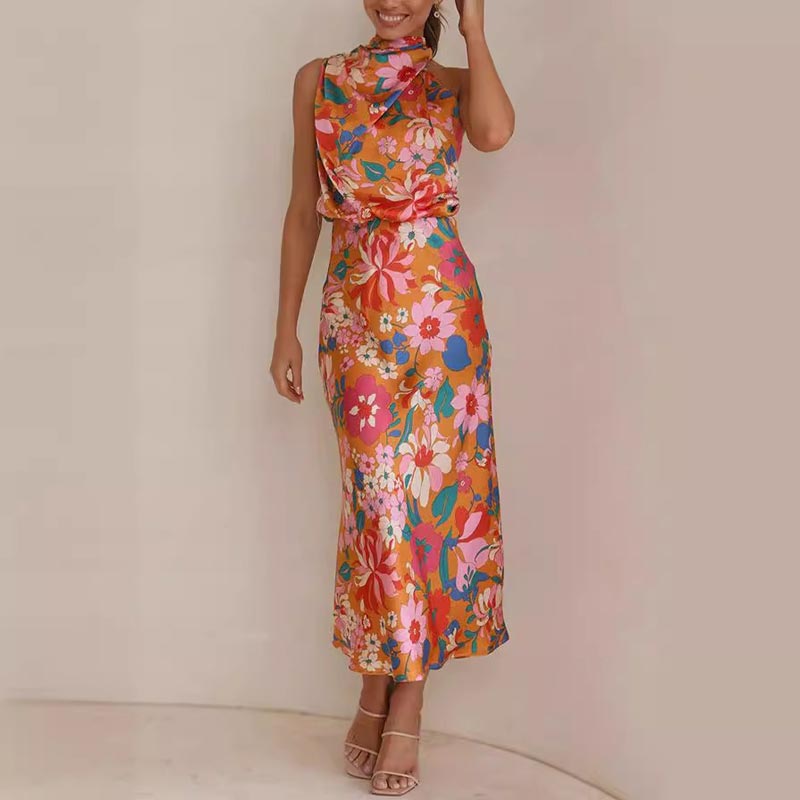 floral print, tie-neck, elastic waist, satin shine maxi dress