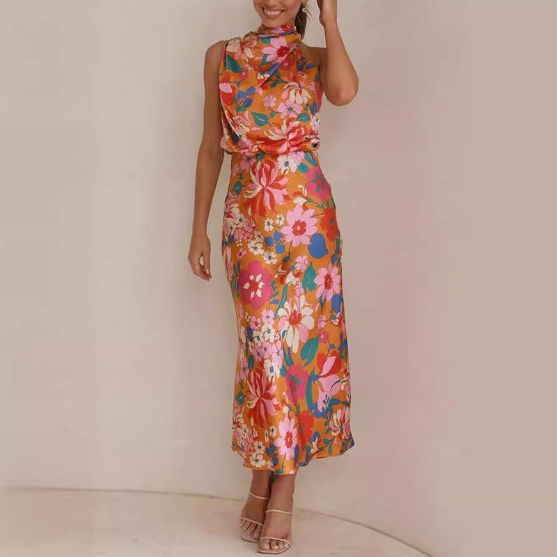 floral print, tie-neck, elastic waist, satin shine maxi dress
