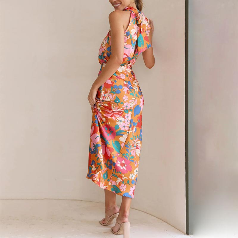 floral print, tie-neck, elastic waist, satin shine maxi dress