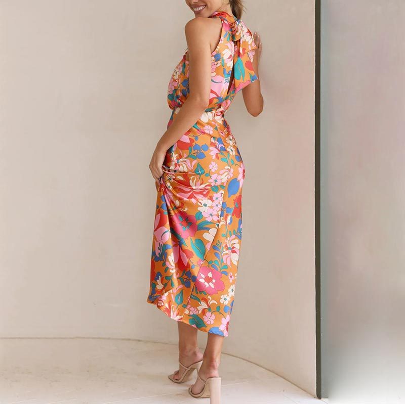 floral print, tie-neck, elastic waist, satin shine maxi dress