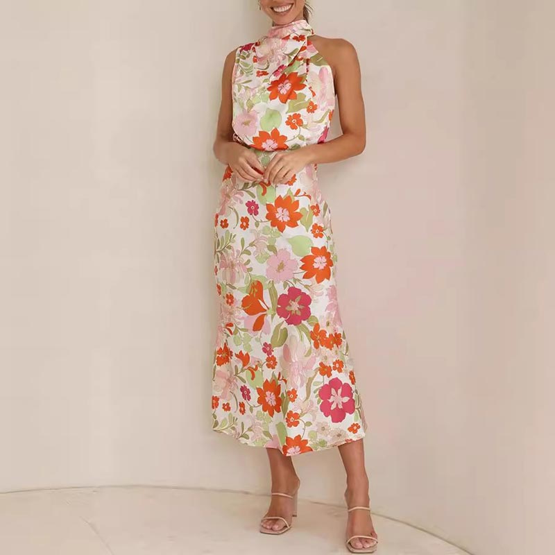 floral print, tie-neck, elastic waist, satin shine maxi dress