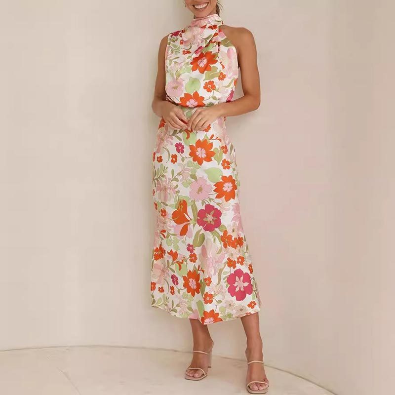 floral print, tie-neck, elastic waist, satin shine maxi dress