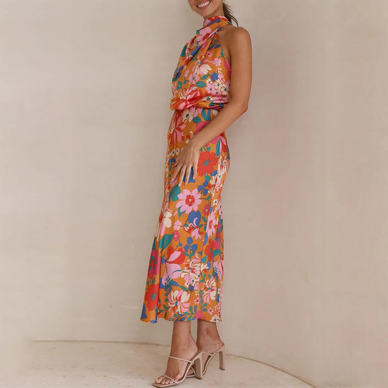 floral print, tie-neck, elastic waist, satin shine maxi dress