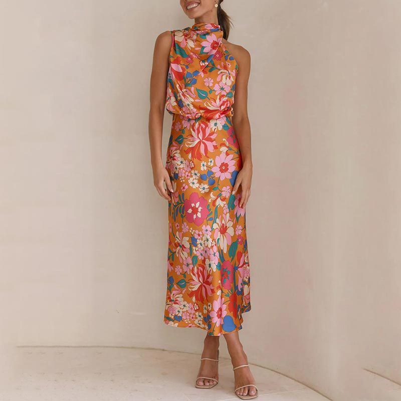 floral print, tie-neck, elastic waist, satin shine maxi dress