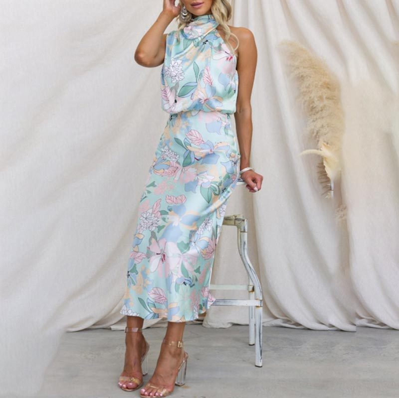 floral print, tie-neck, elastic waist, satin shine maxi dress