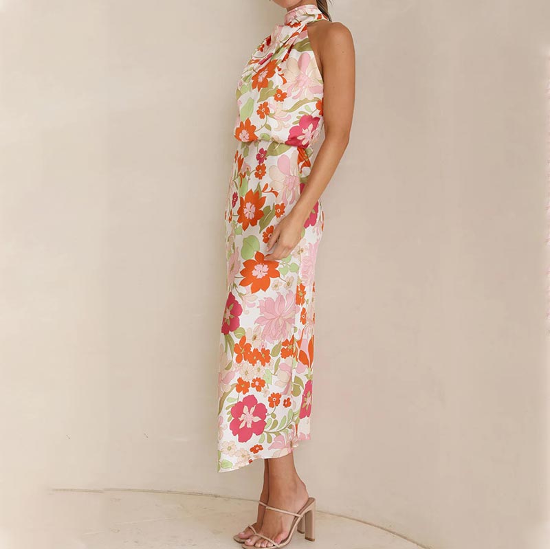 floral print, tie-neck, elastic waist, satin shine maxi dress
