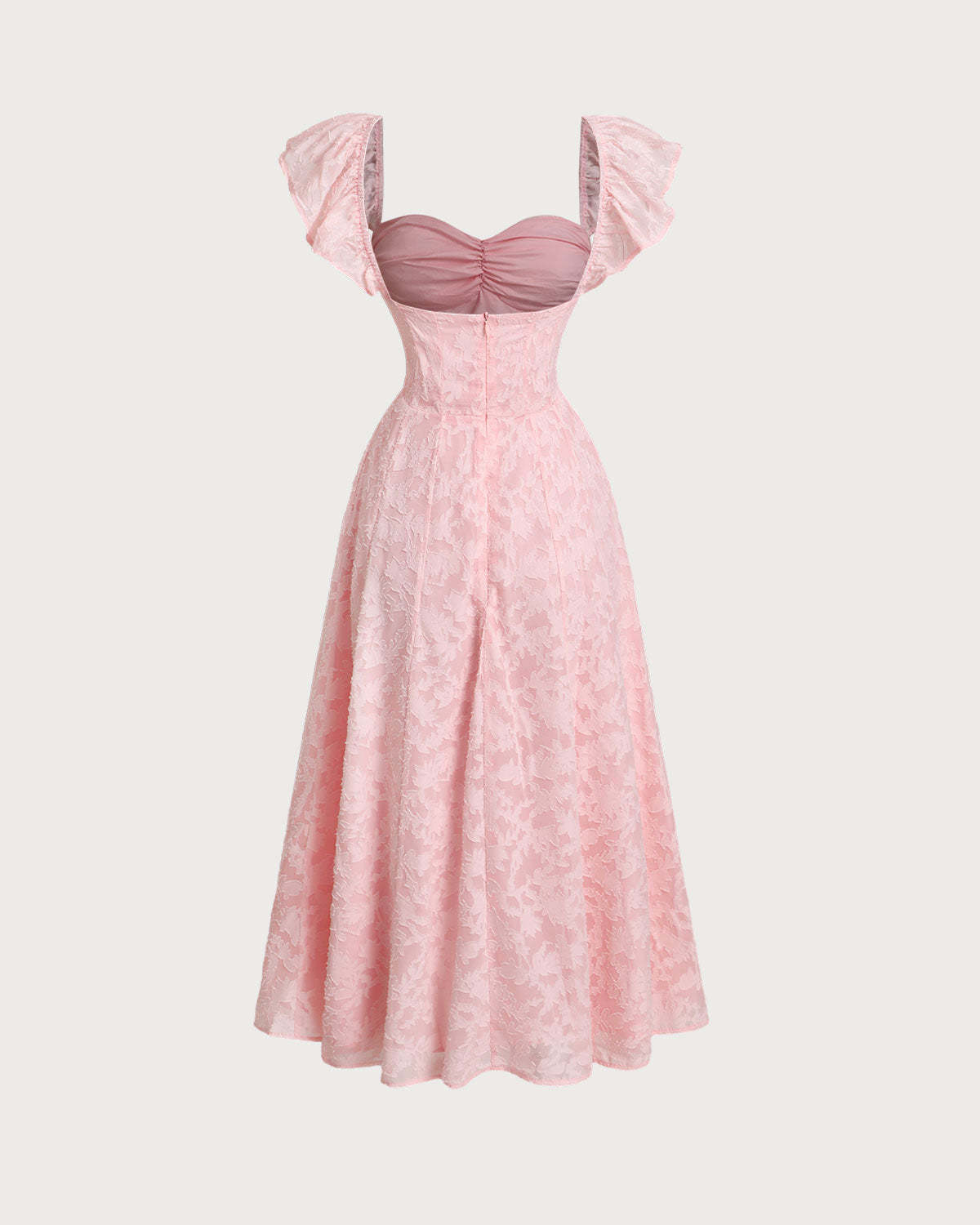 Pink Jacquard Ruched Square Neck Midi Dress