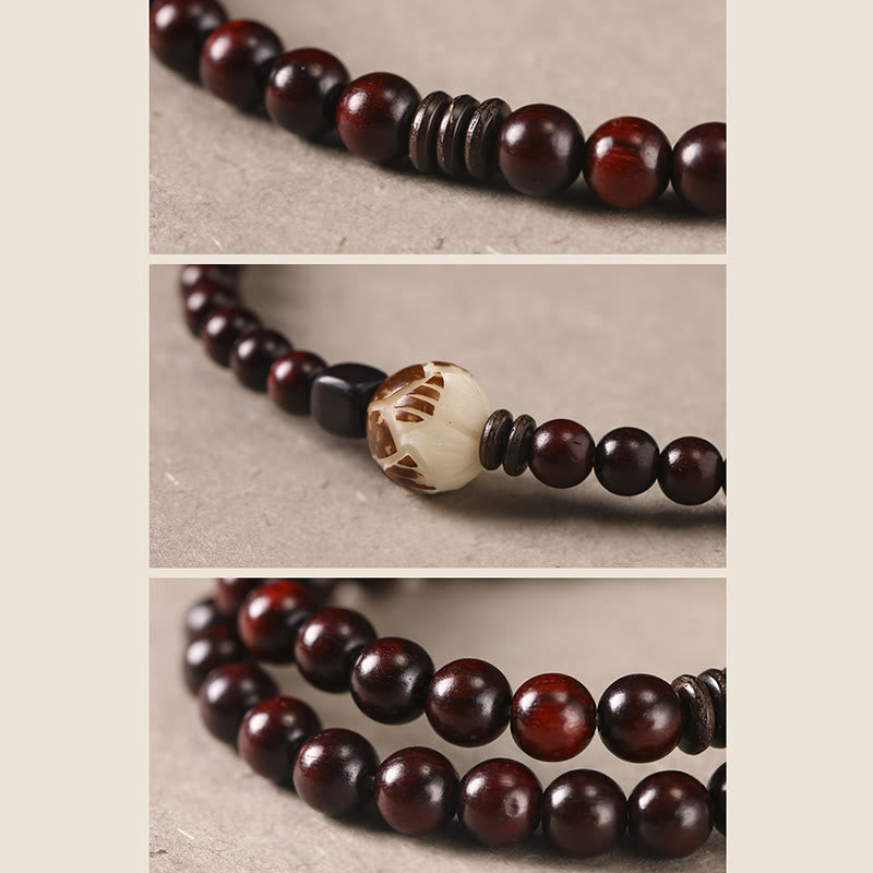 Small Leaf Red Sandalwood Lotus Bodhi Seed Carved Protection Double Wrap Bracelet