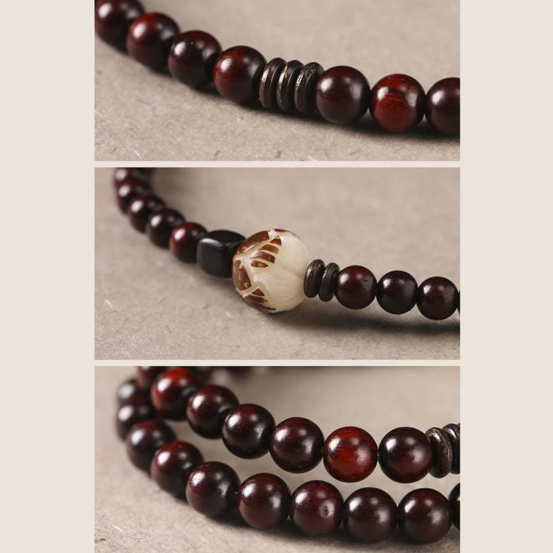 Small Leaf Red Sandalwood Lotus Bodhi Seed Carved Protection Double Wrap Bracelet