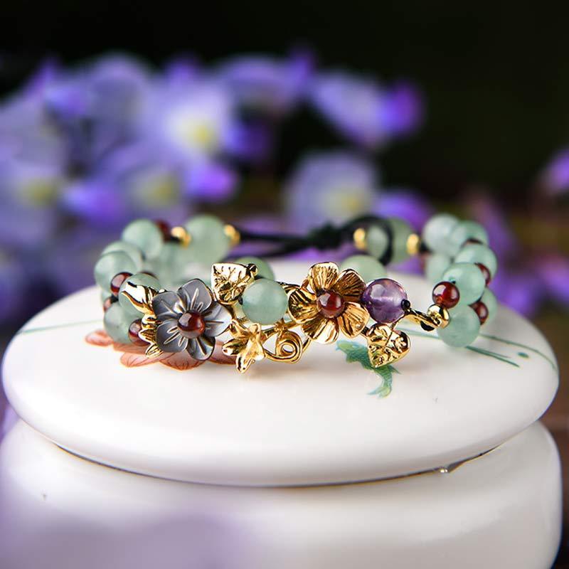 Green Aventurine Garnet Bead Flower Petal Luck Bracelet