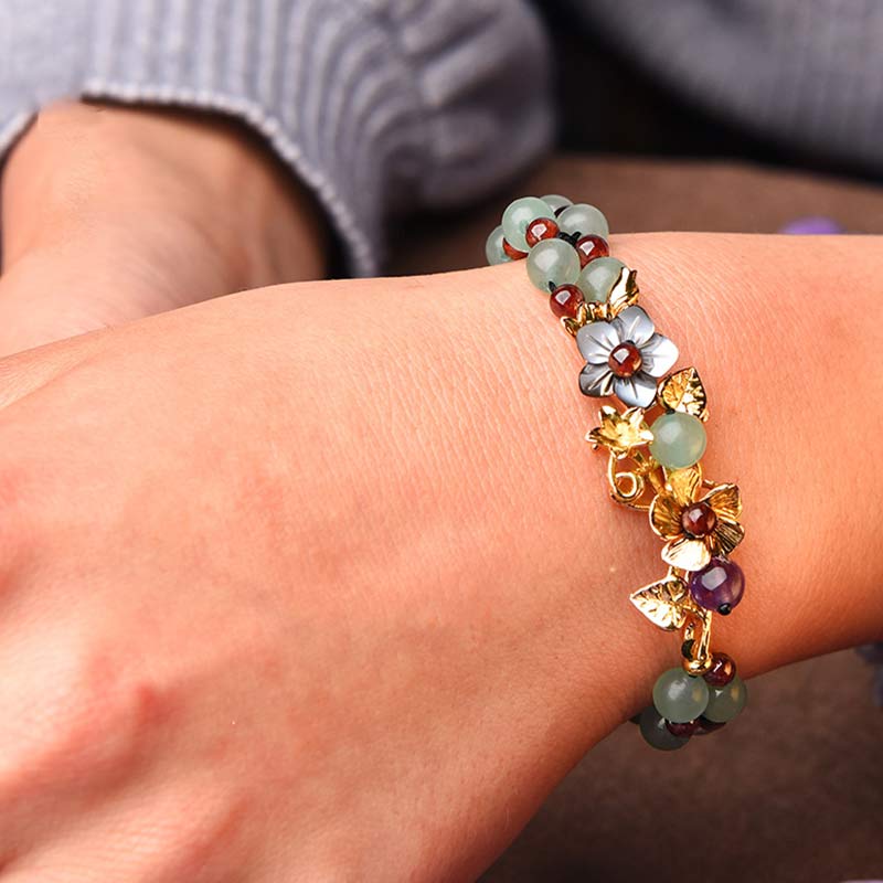 Green Aventurine Garnet Bead Flower Petal Luck Bracelet