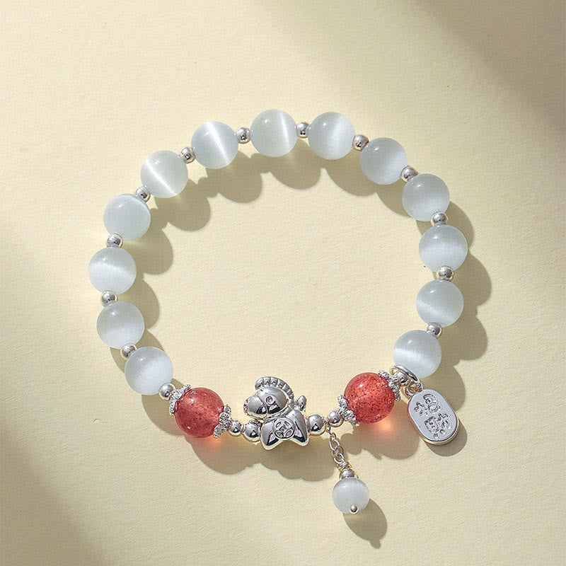 Natural Cat's Eye Rose Quartz Crystal Year of the Horse Fu Character Love Bracelet