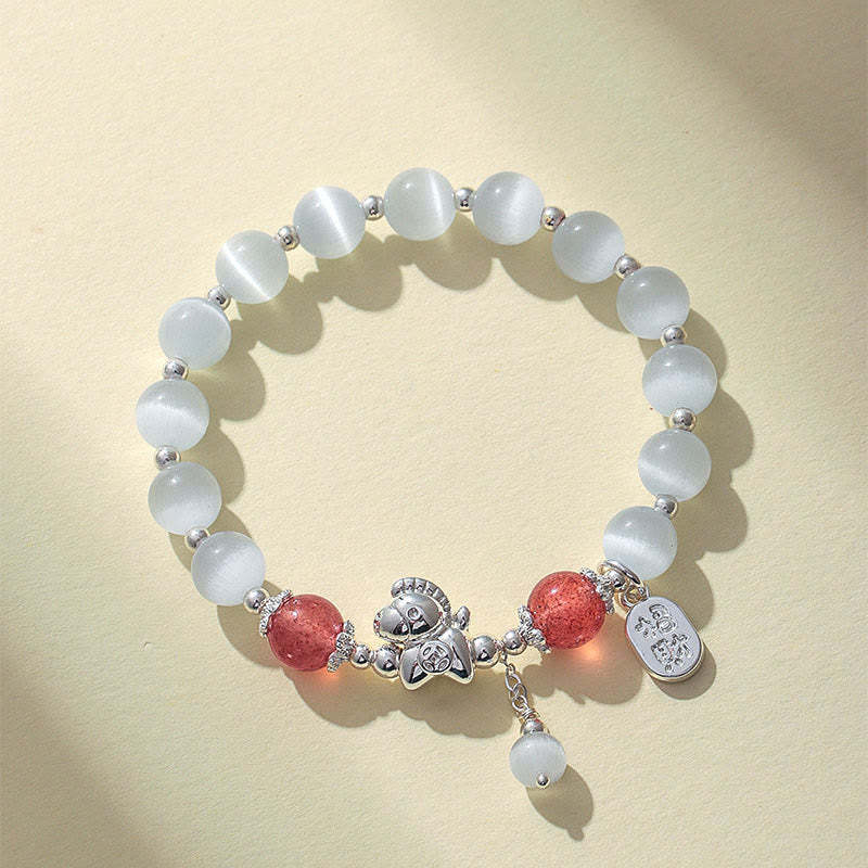 Natural Cat's Eye Rose Quartz Crystal Year of the Horse Fu Character Love Bracelet