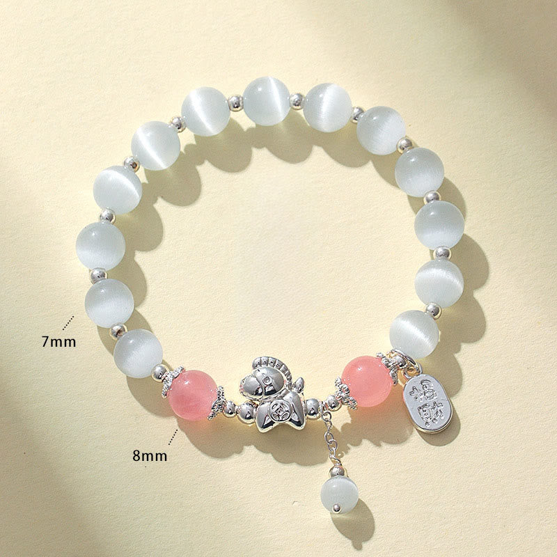 Natural Cat's Eye Rose Quartz Crystal Year of the Horse Fu Character Love Bracelet