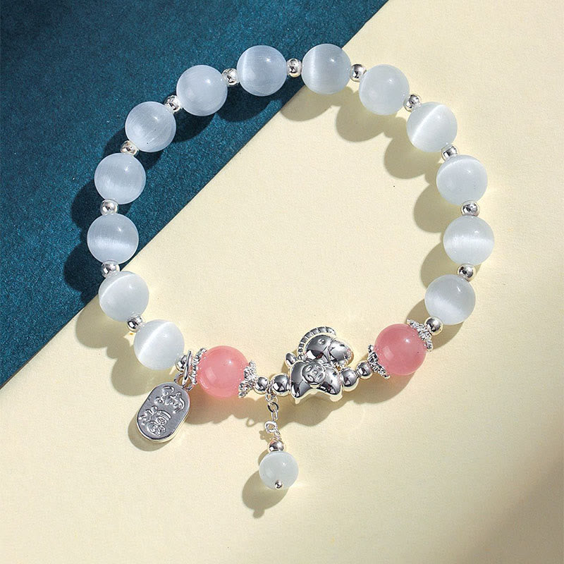 Natural Cat's Eye Rose Quartz Crystal Year of the Horse Fu Character Love Bracelet