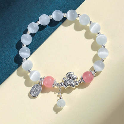 Natural Cat's Eye Rose Quartz Crystal Year of the Horse Fu Character Love Bracelet