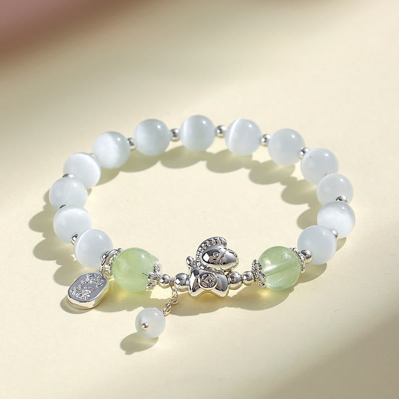 Natural Cat's Eye Rose Quartz Crystal Year of the Horse Fu Character Love Bracelet