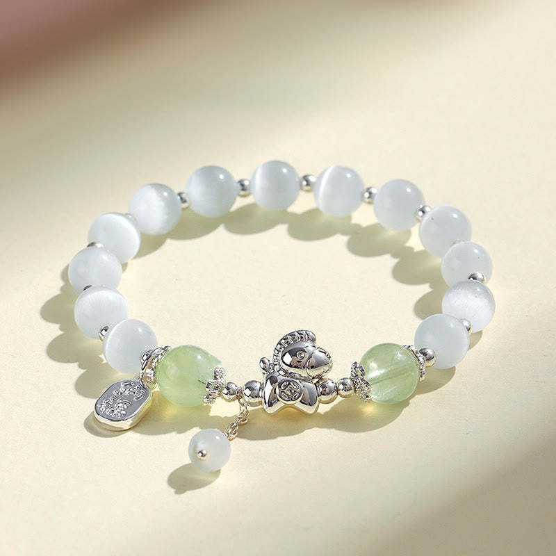 Natural Cat's Eye Rose Quartz Crystal Year of the Horse Fu Character Love Bracelet