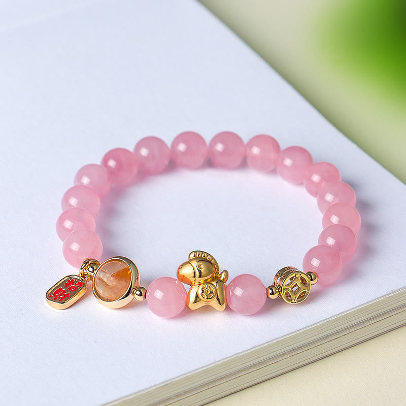 Year Of The Horse Natural 8mm Black Obsidian Red Agate Pink Crystal Strength Bracelet