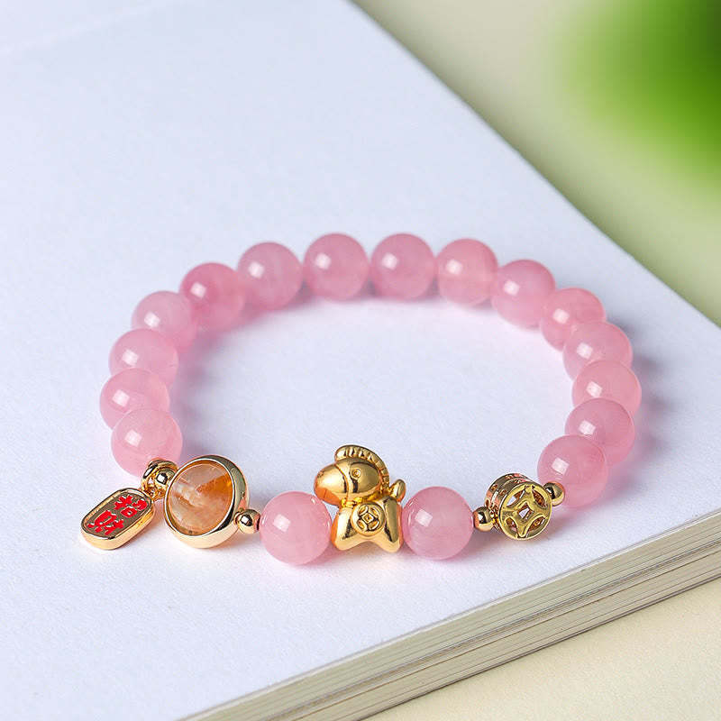 Year Of The Horse Natural 8mm Black Obsidian Red Agate Pink Crystal Strength Bracelet