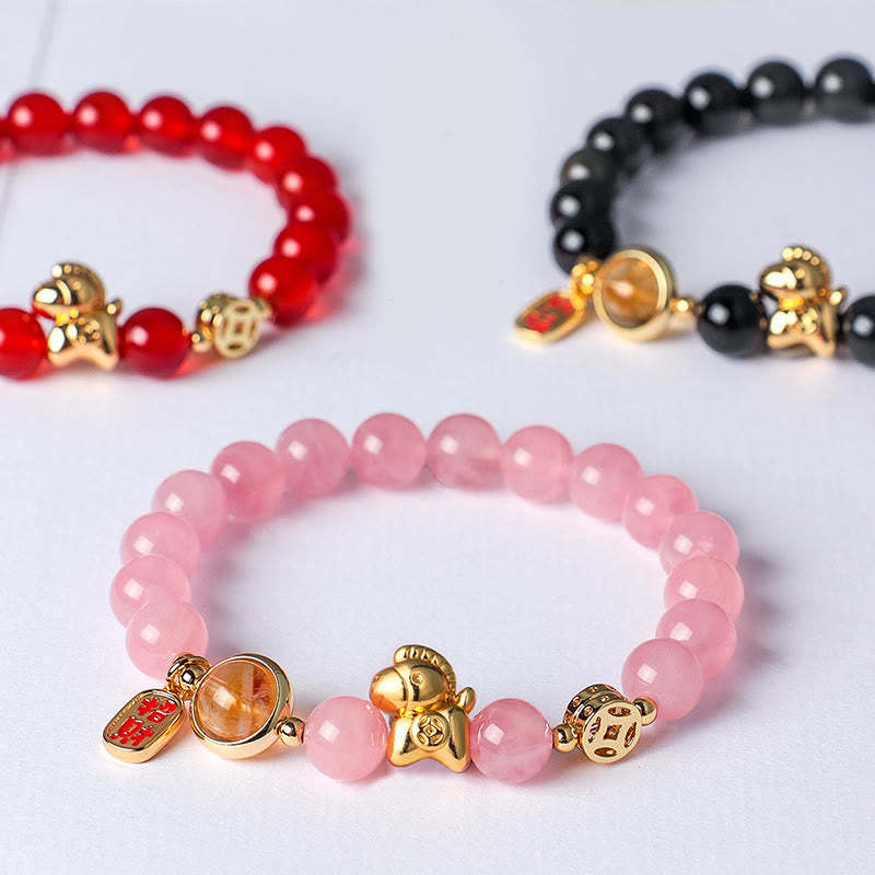 Year Of The Horse Natural 8mm Black Obsidian Red Agate Pink Crystal Strength Bracelet