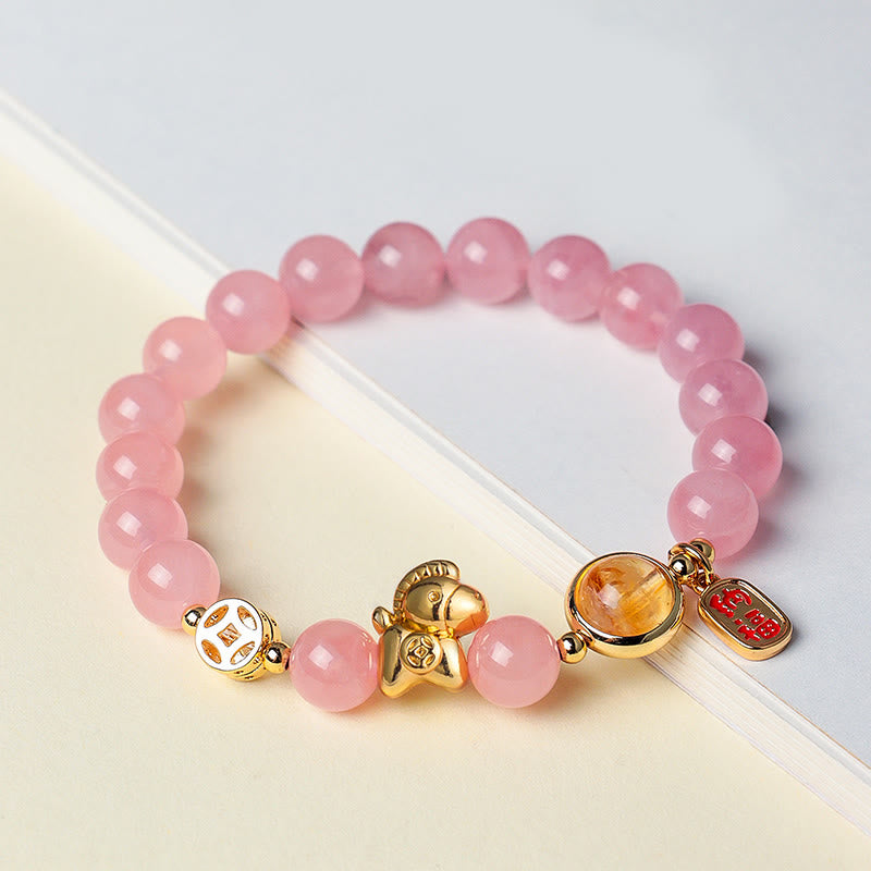 Year Of The Horse Natural 8mm Black Obsidian Red Agate Pink Crystal Strength Bracelet