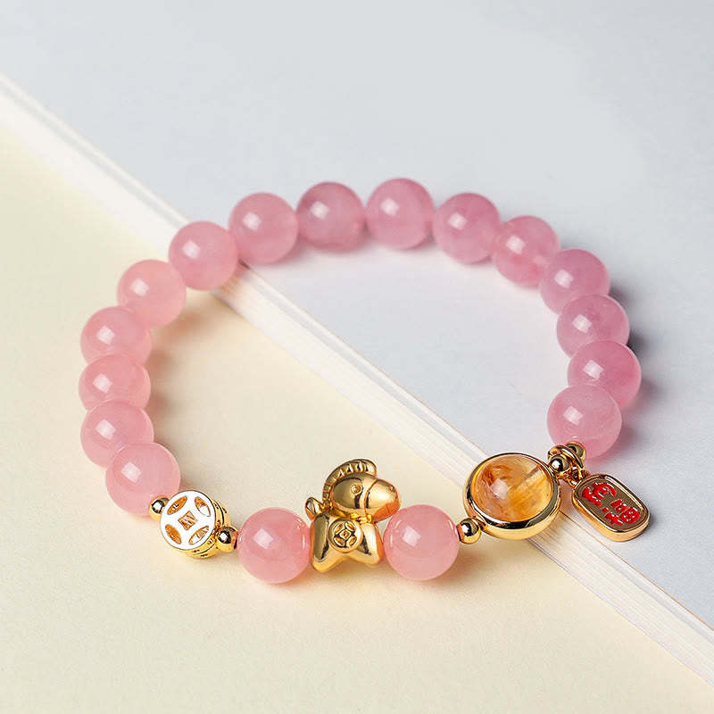 Year Of The Horse Natural 8mm Black Obsidian Red Agate Pink Crystal Strength Bracelet