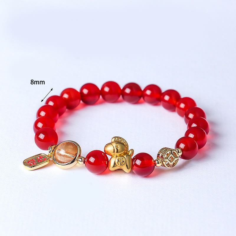 Year Of The Horse Natural 8mm Black Obsidian Red Agate Pink Crystal Strength Bracelet