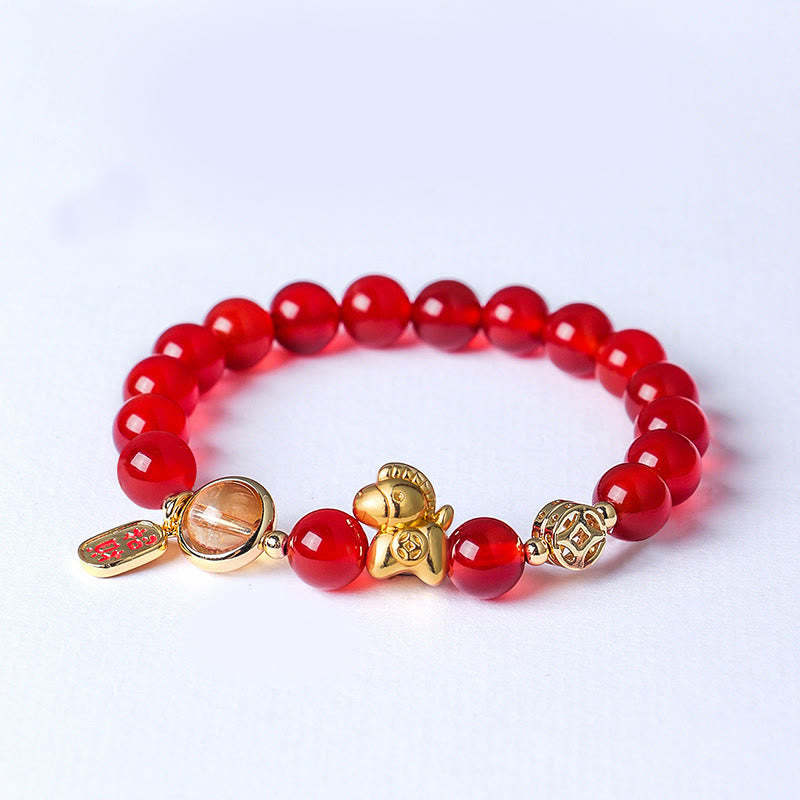 Year Of The Horse Natural 8mm Black Obsidian Red Agate Pink Crystal Strength Bracelet