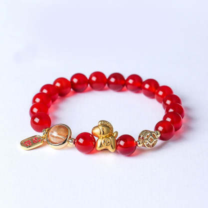 Year Of The Horse Natural 8mm Black Obsidian Red Agate Pink Crystal Strength Bracelet