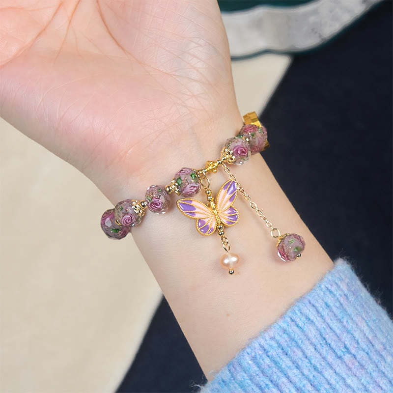 Butterflies Charm Flower Liuli Glass Beaded Bracelet