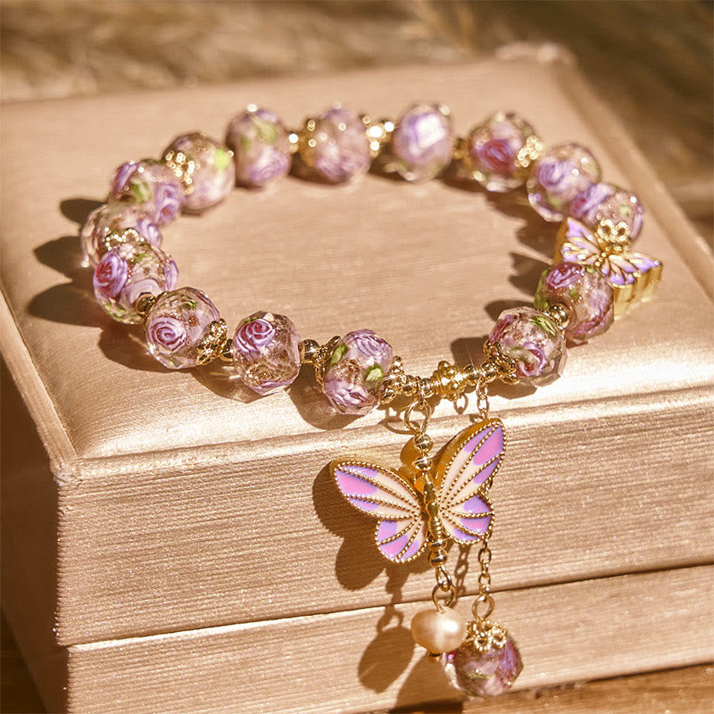 Butterflies Charm Flower Liuli Glass Beaded Bracelet