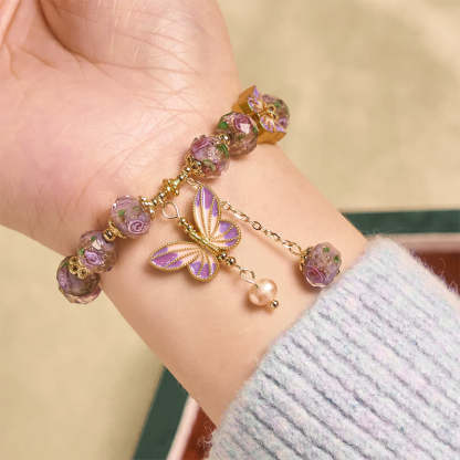 Butterflies Charm Flower Liuli Glass Beaded Bracelet