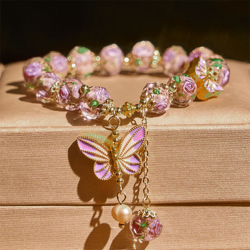 Butterflies Charm Flower Liuli Glass Beaded Bracelet