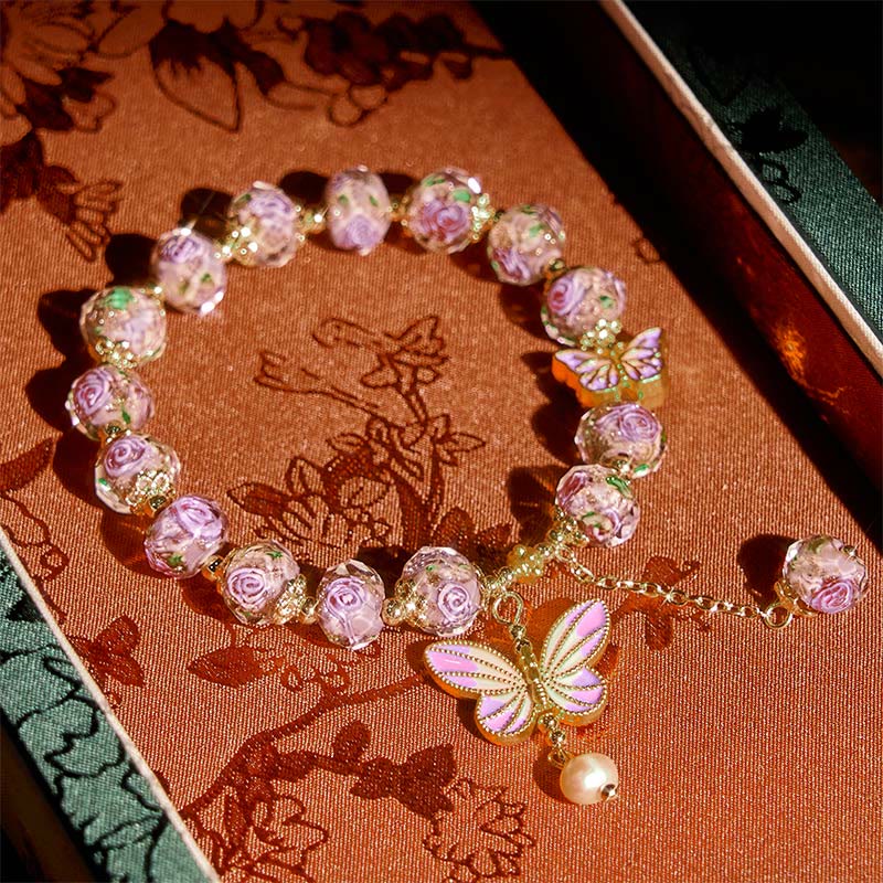 Butterflies Charm Flower Liuli Glass Beaded Bracelet
