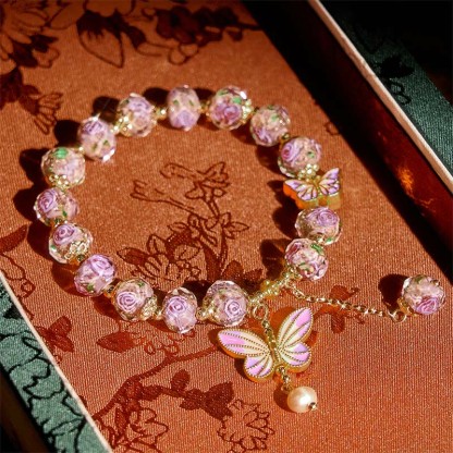 Butterflies Charm Flower Liuli Glass Beaded Bracelet